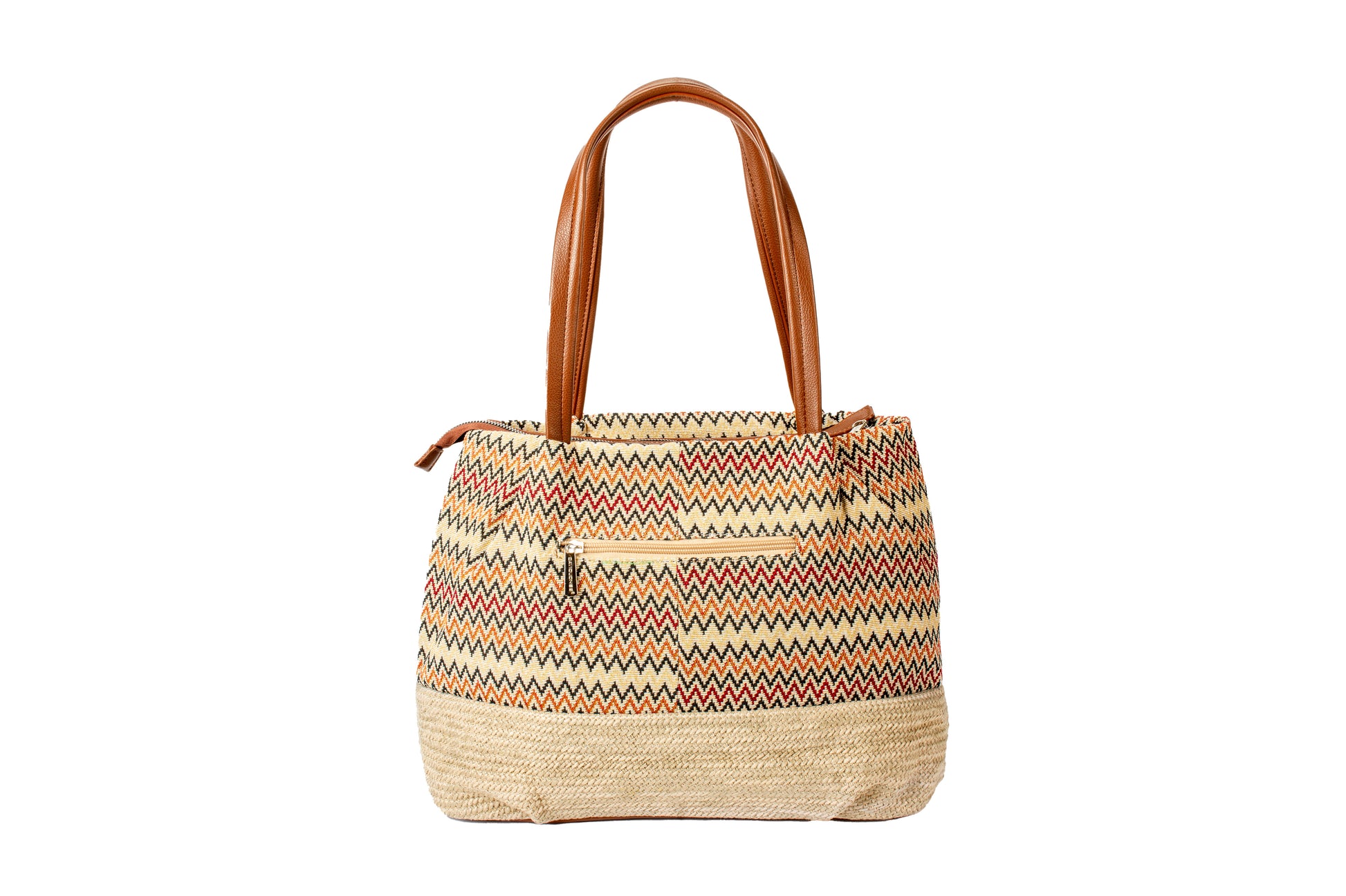 Boho Chic Zigzag Tote Bag with Tan Faux Leather Handles – Ethnic Pattern Handbag
