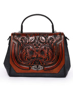 Vintage Noir Satchel – Floral Embossed Leather Flap | Classic Chestnut