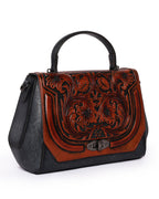 Vintage Noir Satchel – Floral Embossed Leather Flap | Classic Chestnut