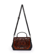 Vintage Noir Satchel – Floral Embossed Leather Flap | Classic Chestnut
