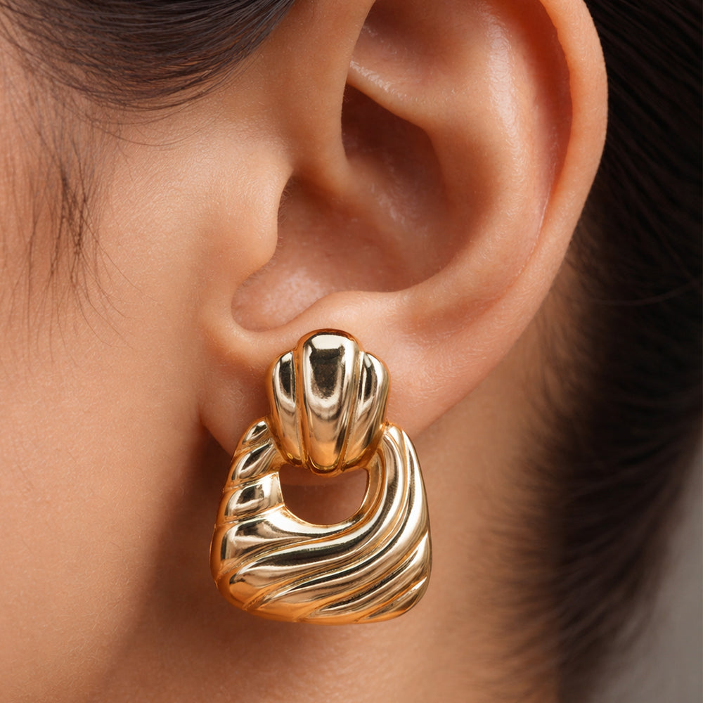 Anti Tarnish Textured Drop Stud Earrings