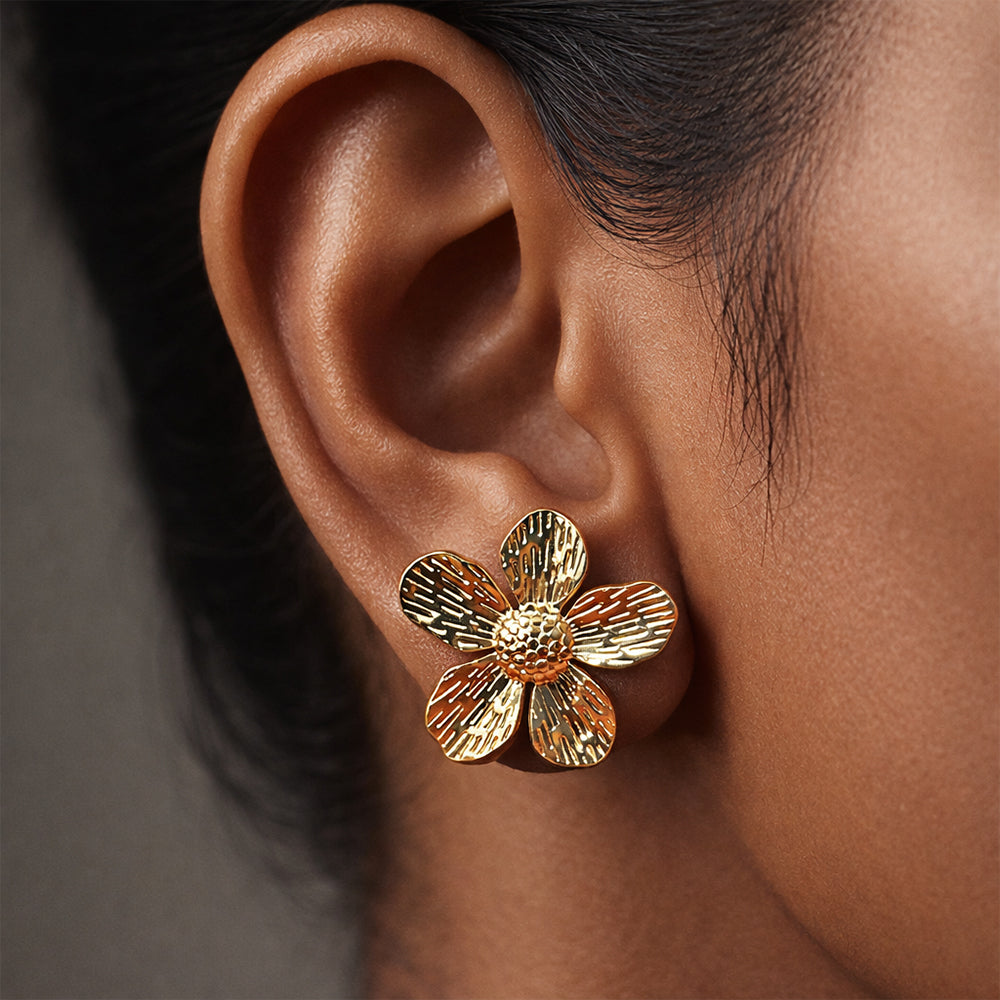 Anti Tarnish Textured Floral Stud Earrings