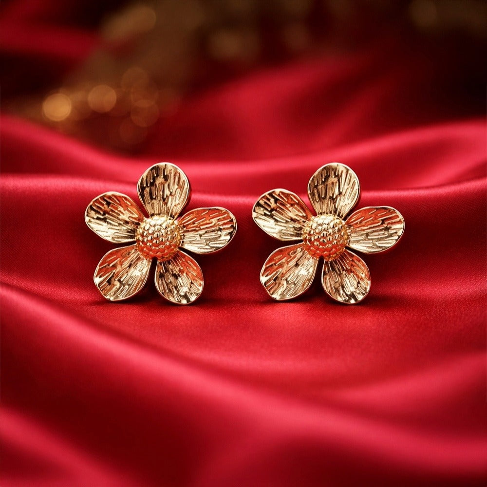 Anti Tarnish Textured Floral Stud Earrings