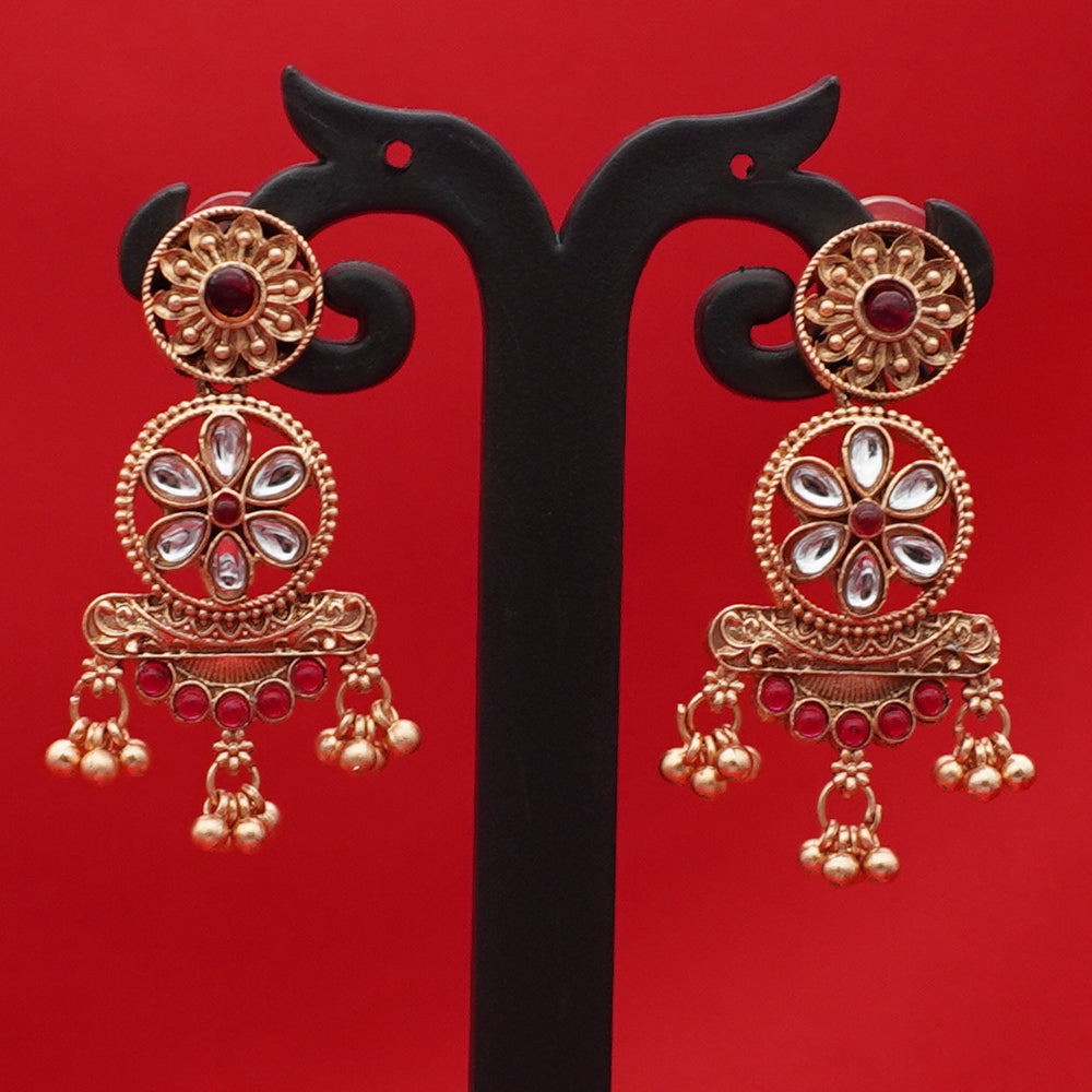 Antique Gold Floral Kundan Drop Earrings