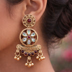 Antique Gold Floral Kundan Drop Earrings