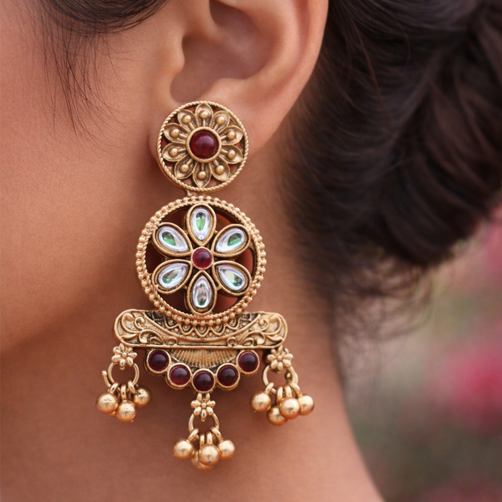 Antique Gold Floral Kundan Drop Earrings