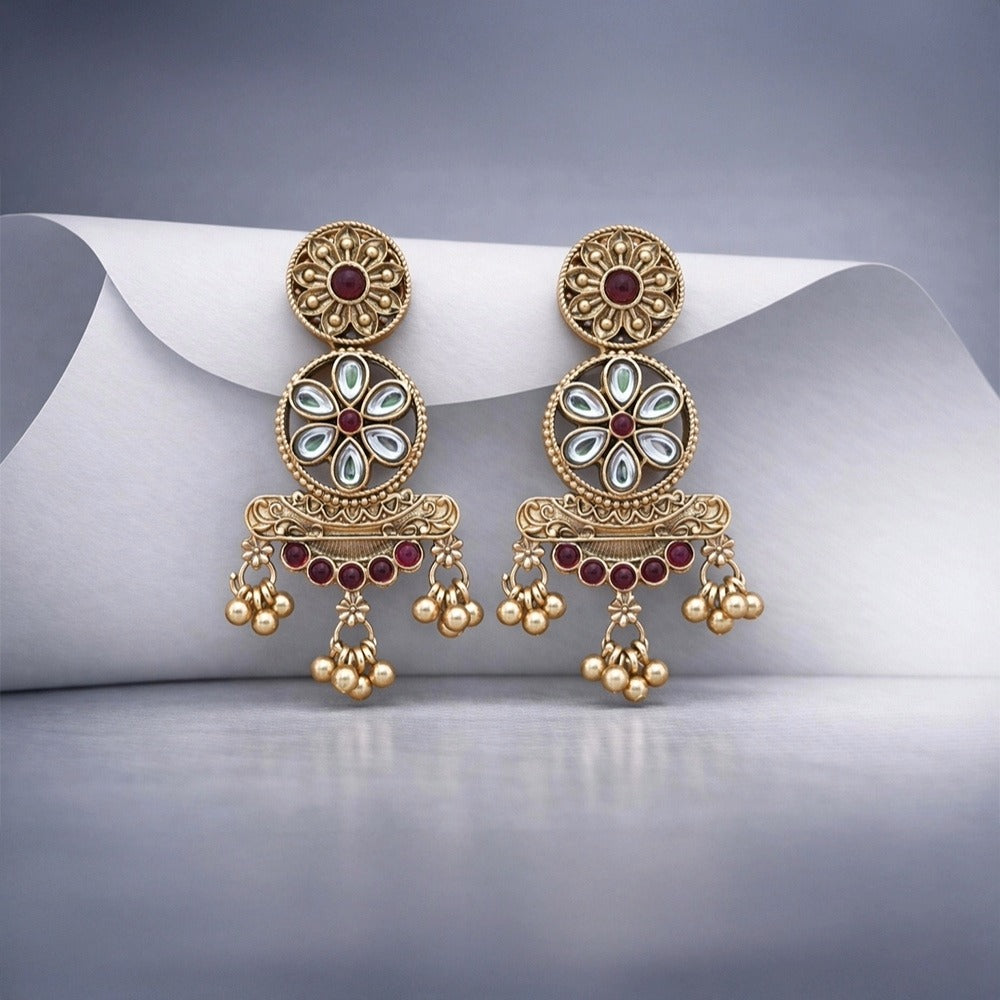 Antique Gold Floral Kundan Drop Earrings