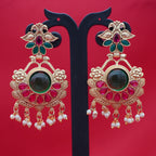 Antique Gold Floral Statement Earrings – Kundan Green Center Stone & Ruby-Tone Petals with Pearl Drops