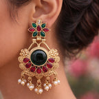 Antique Gold Floral Statement Earrings – Kundan Green Center Stone & Ruby-Tone Petals with Pearl Drops