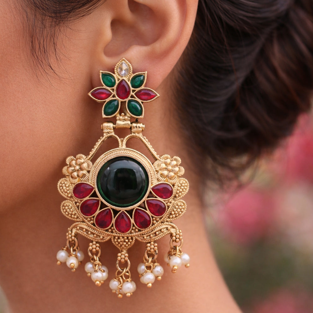Antique Gold Floral Statement Earrings – Kundan Green Center Stone & Ruby-Tone Petals with Pearl Drops
