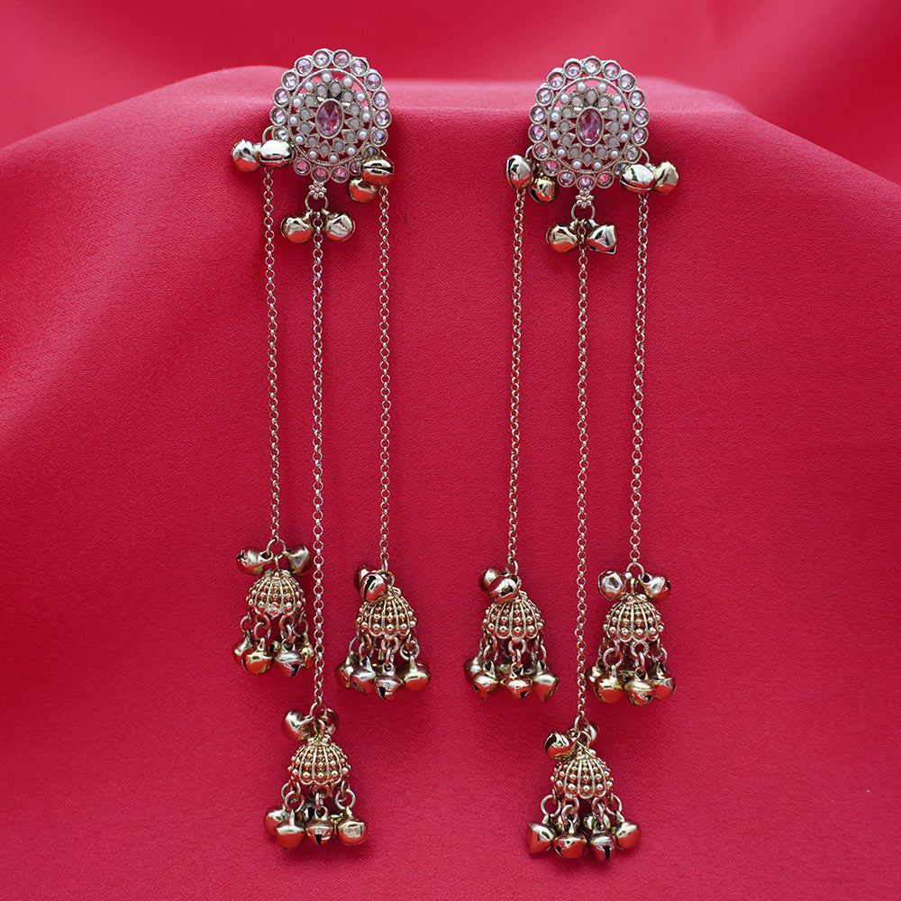 Antique Gold Mirror Pearl White Stud Chain Jhumka Earrings –  Mini Jhumkas with Pearl Drop