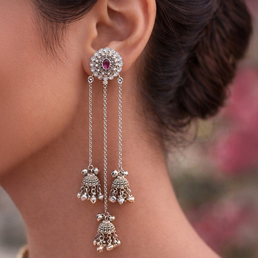 Antique Gold Mirror Pearl White Stud Chain Jhumka Earrings –  Mini Jhumkas with Pearl Drop