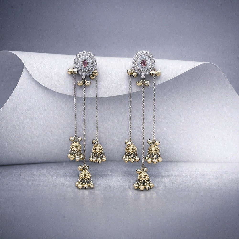 Antique Gold Mirror Pearl White Stud Chain Jhumka Earrings –  Mini Jhumkas with Pearl Drop