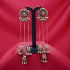 Antique Gold Mirror Ruby Red Stud Chain Jhumka Earrings – Mini Jhumkas with Pearl Drops