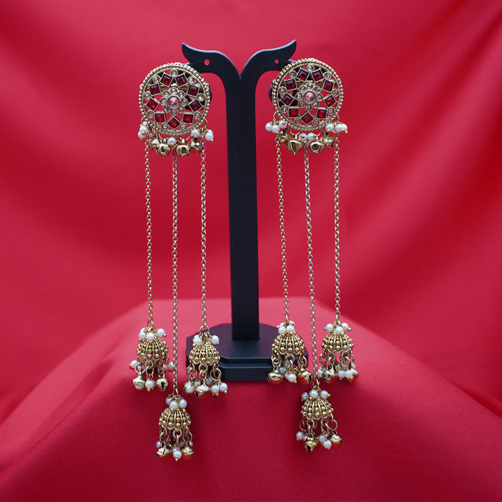Antique Gold Mirror Ruby Red Stud Chain Jhumka Earrings – Mini Jhumkas with Pearl Drops