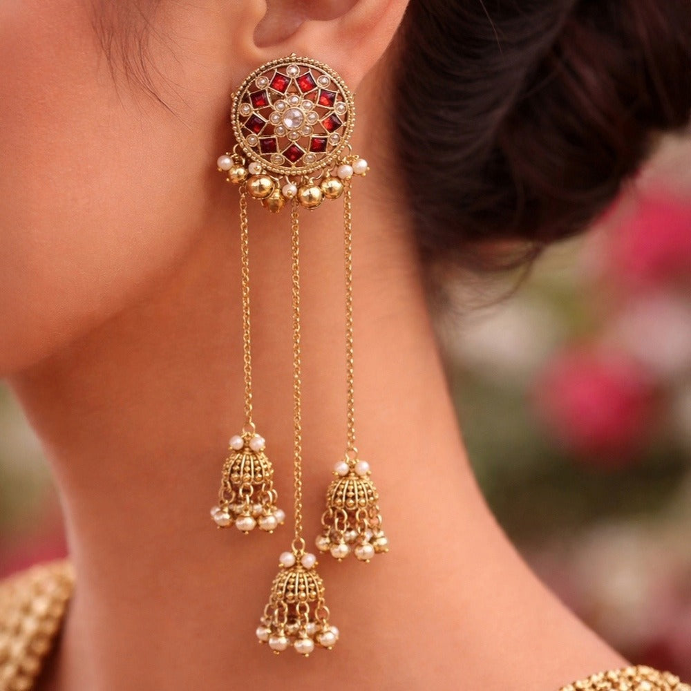 Antique Gold Mirror Ruby Red Stud Chain Jhumka Earrings – Mini Jhumkas with Pearl Drops