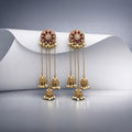 Antique Gold Mirror Ruby Red Stud Chain Jhumka Earrings – Mini Jhumkas with Pearl Drops