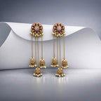 Antique Gold Mirror Ruby Red Stud Chain Jhumka Earrings – Mini Jhumkas with Pearl Drops