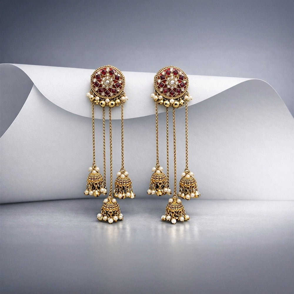 Antique Gold Mirror Ruby Red Stud Chain Jhumka Earrings – Mini Jhumkas with Pearl Drops