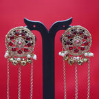 Antique Gold Mirror Ruby Red Stud Chain Jhumka Earrings – Mini Jhumkas with Pearl Drops