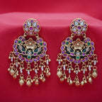 Antique Gold Multicolor Kundan Chandbali Earrings – Pearl Strands & Coin Danglers