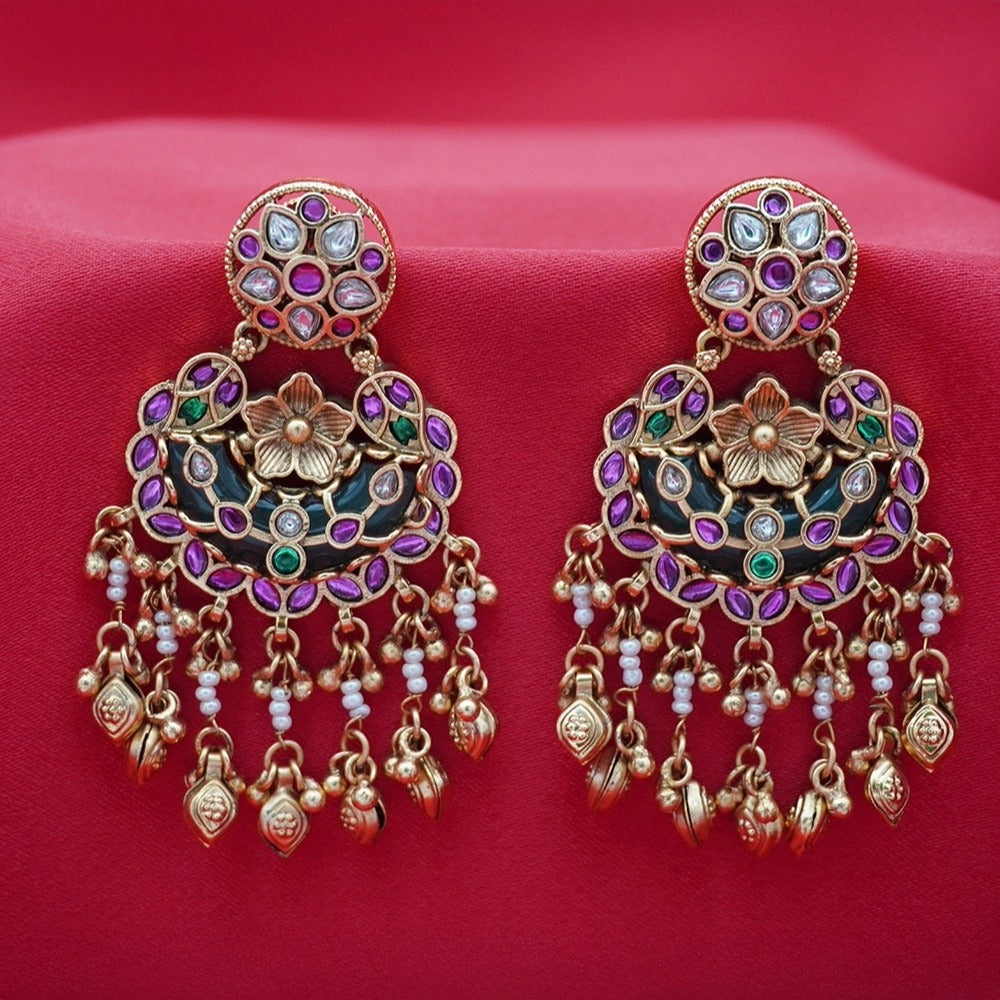 Antique Gold Multicolor Kundan Chandbali Earrings – Pearl Strands & Coin Danglers
