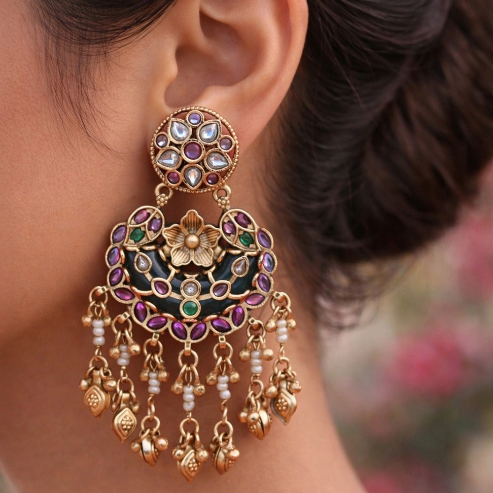Antique Gold Multicolor Kundan Chandbali Earrings – Pearl Strands & Coin Danglers