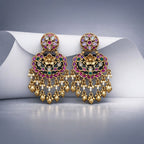 Antique Gold Multicolor Kundan Chandbali Earrings – Pearl Strands & Coin Danglers