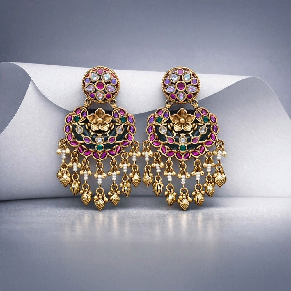 Antique Gold Multicolor Kundan Chandbali Earrings – Pearl Strands & Coin Danglers
