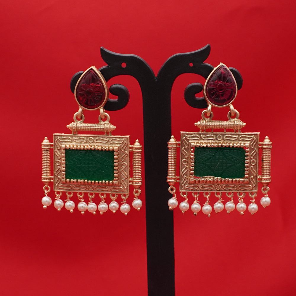 Antique Gold Rectangular Statement Earrings – Pearl Drops