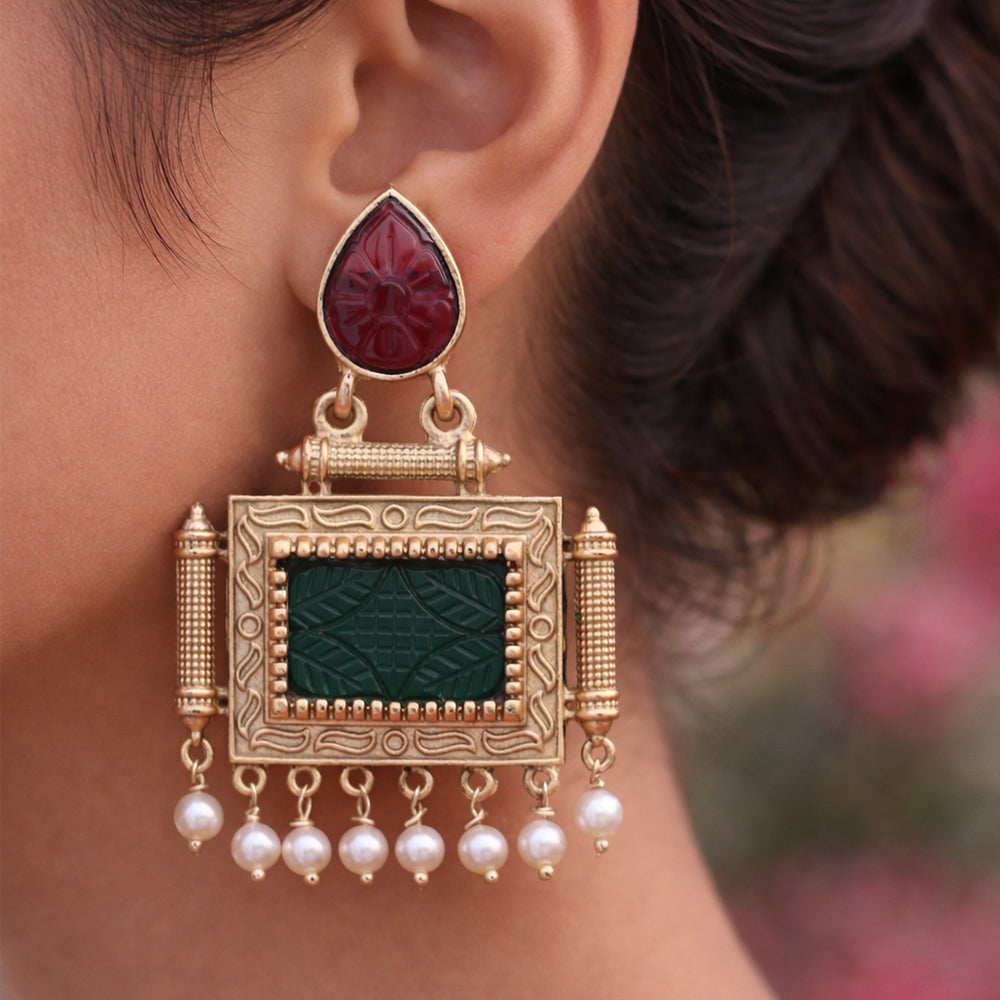Antique Gold Rectangular Statement Earrings – Pearl Drops