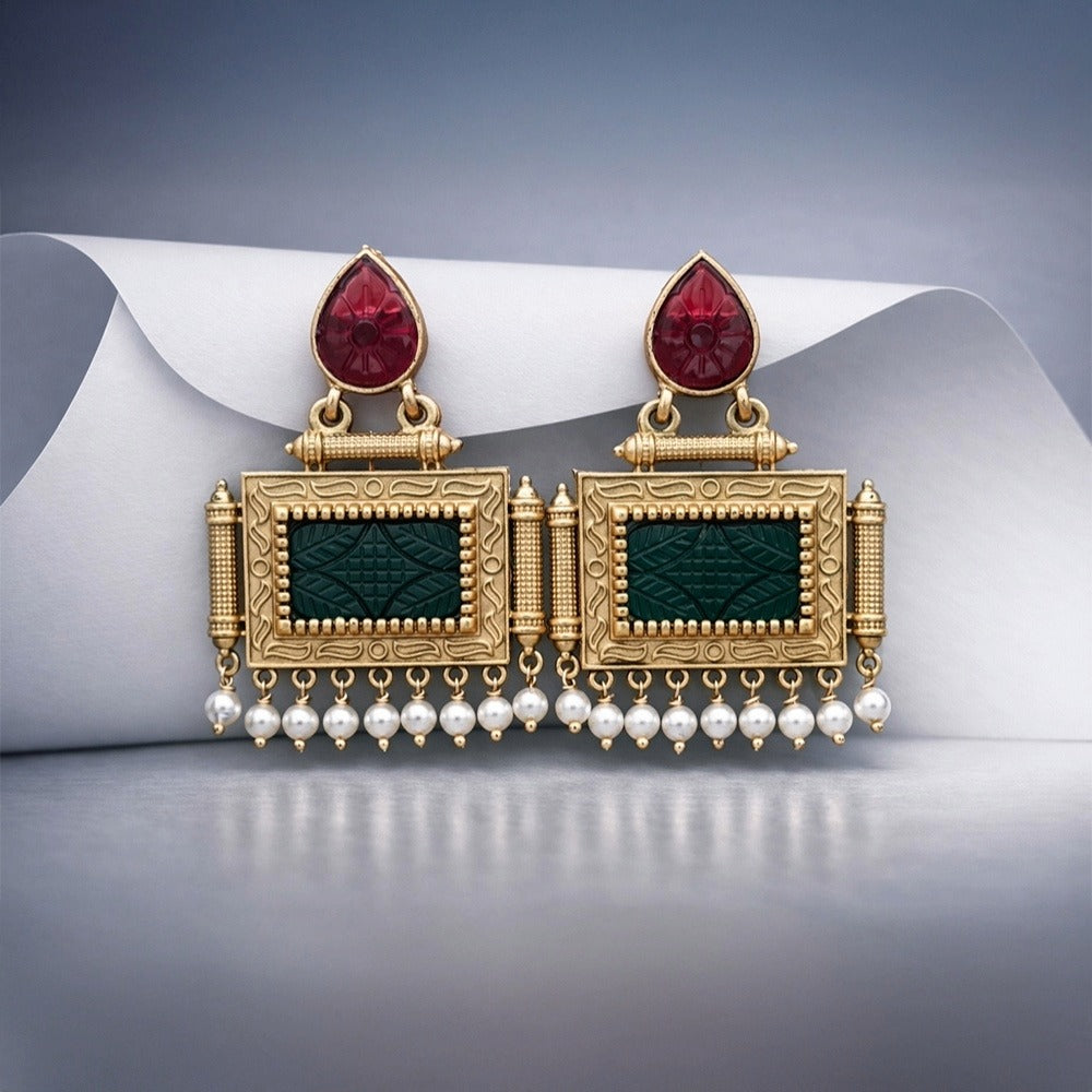 Antique Gold Rectangular Statement Earrings – Pearl Drops