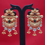Antique Gold Temple Style Stud Earrings – Lotus Motif Imitation Kundan & Green Stone