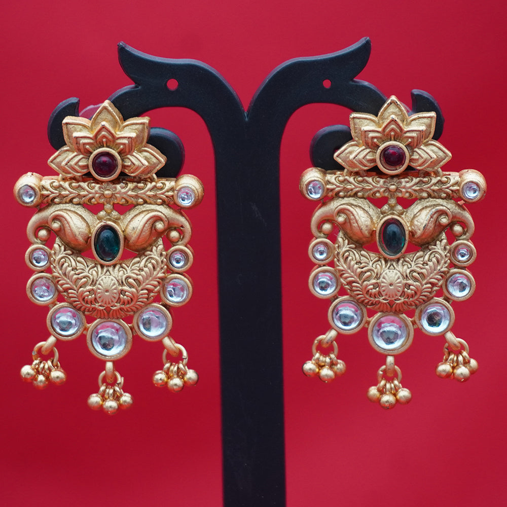 Antique Gold Temple Style Stud Earrings – Lotus Motif Imitation Kundan & Green Stone