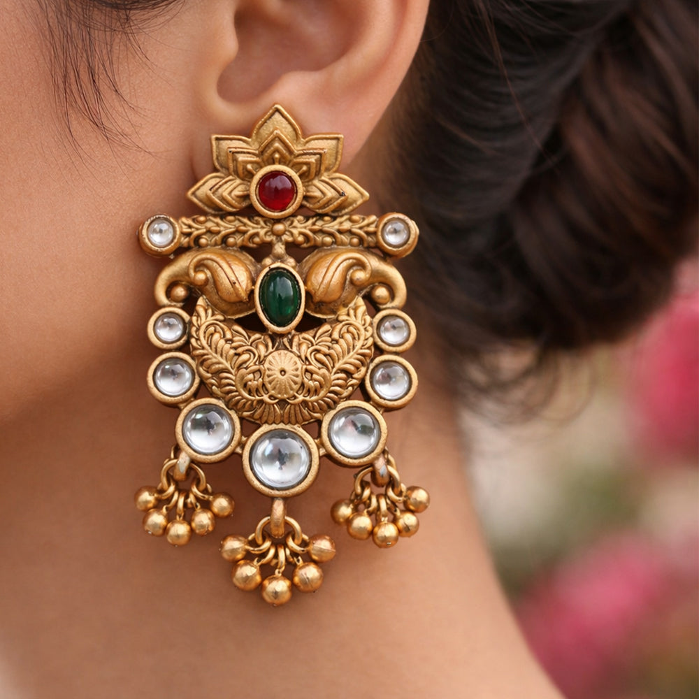 Antique Gold Temple Style Stud Earrings – Lotus Motif Imitation Kundan & Green Stone