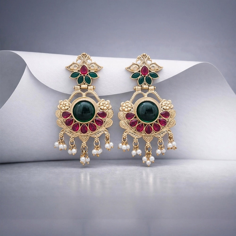 Antique Gold Temple Style Stud Earrings – Lotus Motif Imitation Kundan & Green Stone