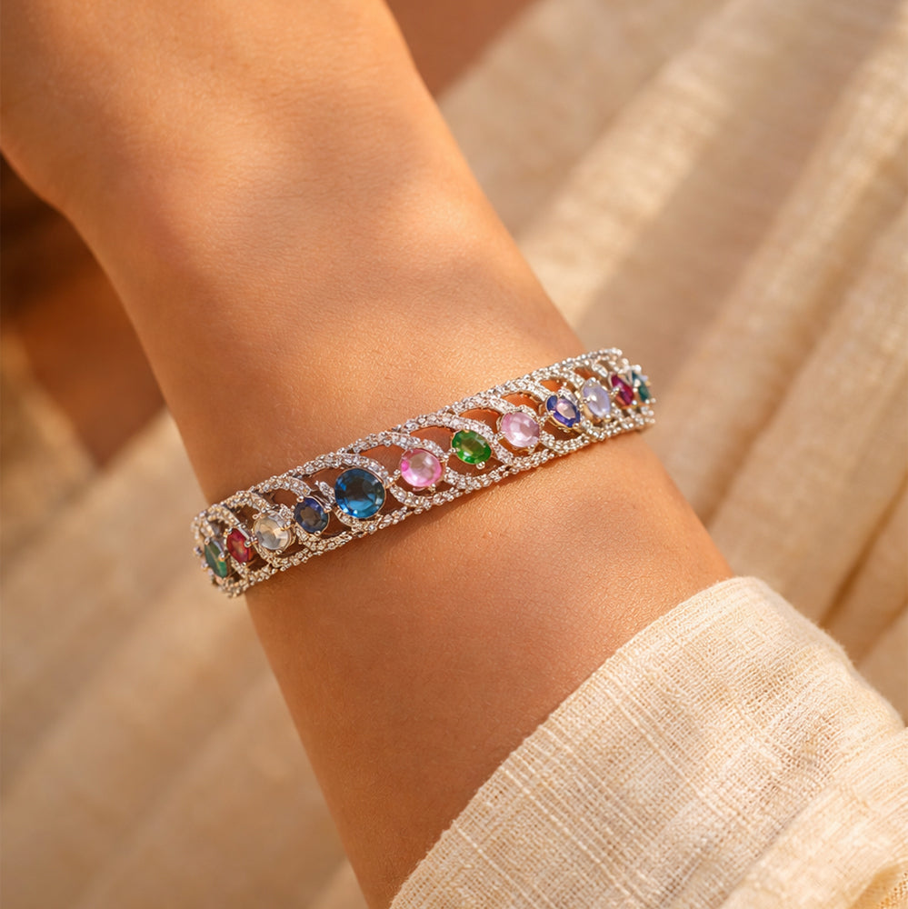 Arched Openwork Silver-Tone Multicolor Bracelet (Free Size)