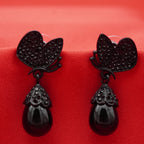 Black Butterfly Drop Earrings with Onyx Pearl