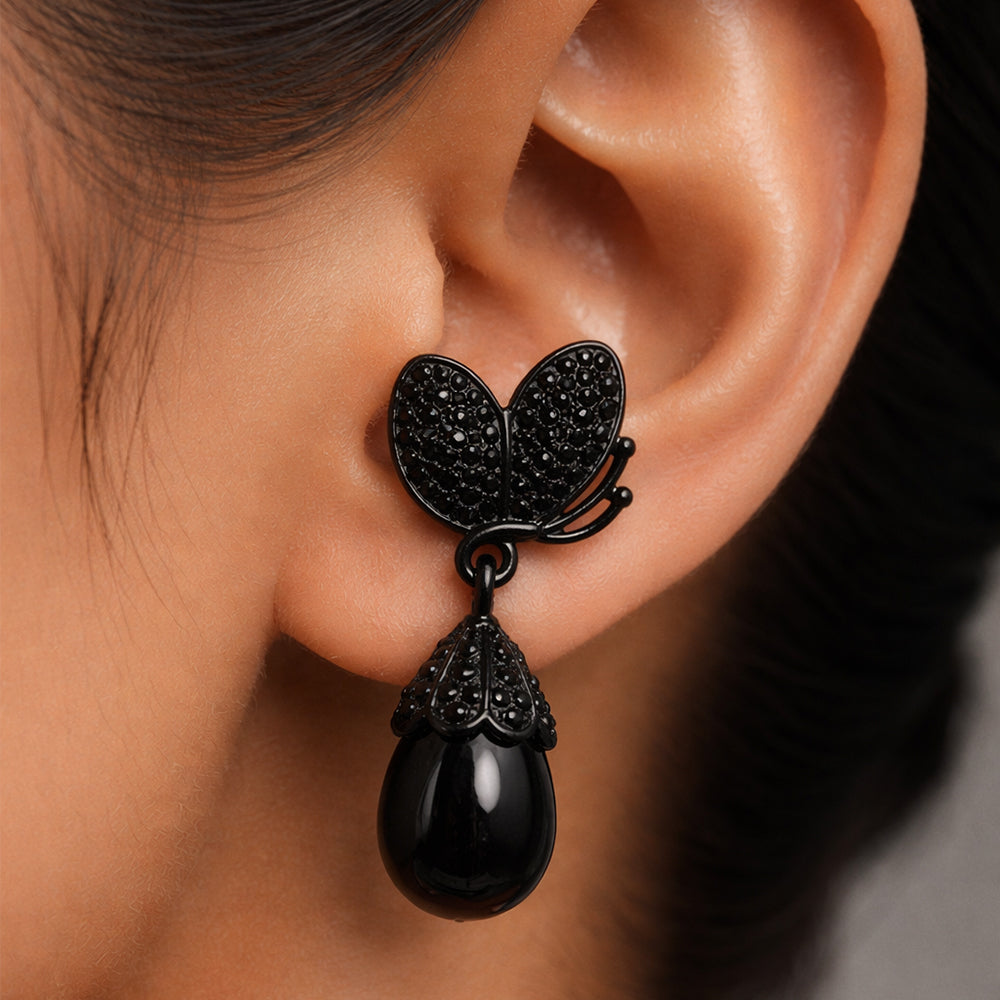 Black Butterfly Drop Earrings with Onyx Pearl