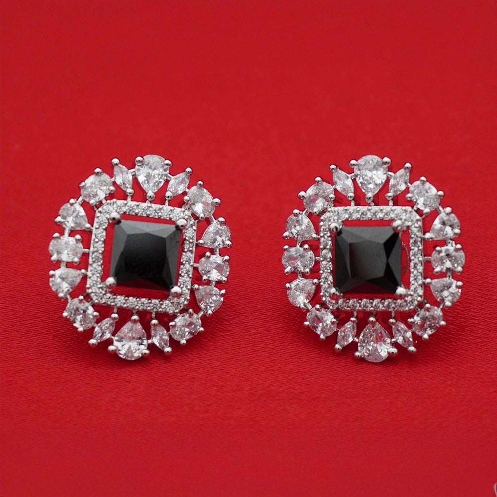 Rose Gold Square Halo Stud Earrings - Black Square