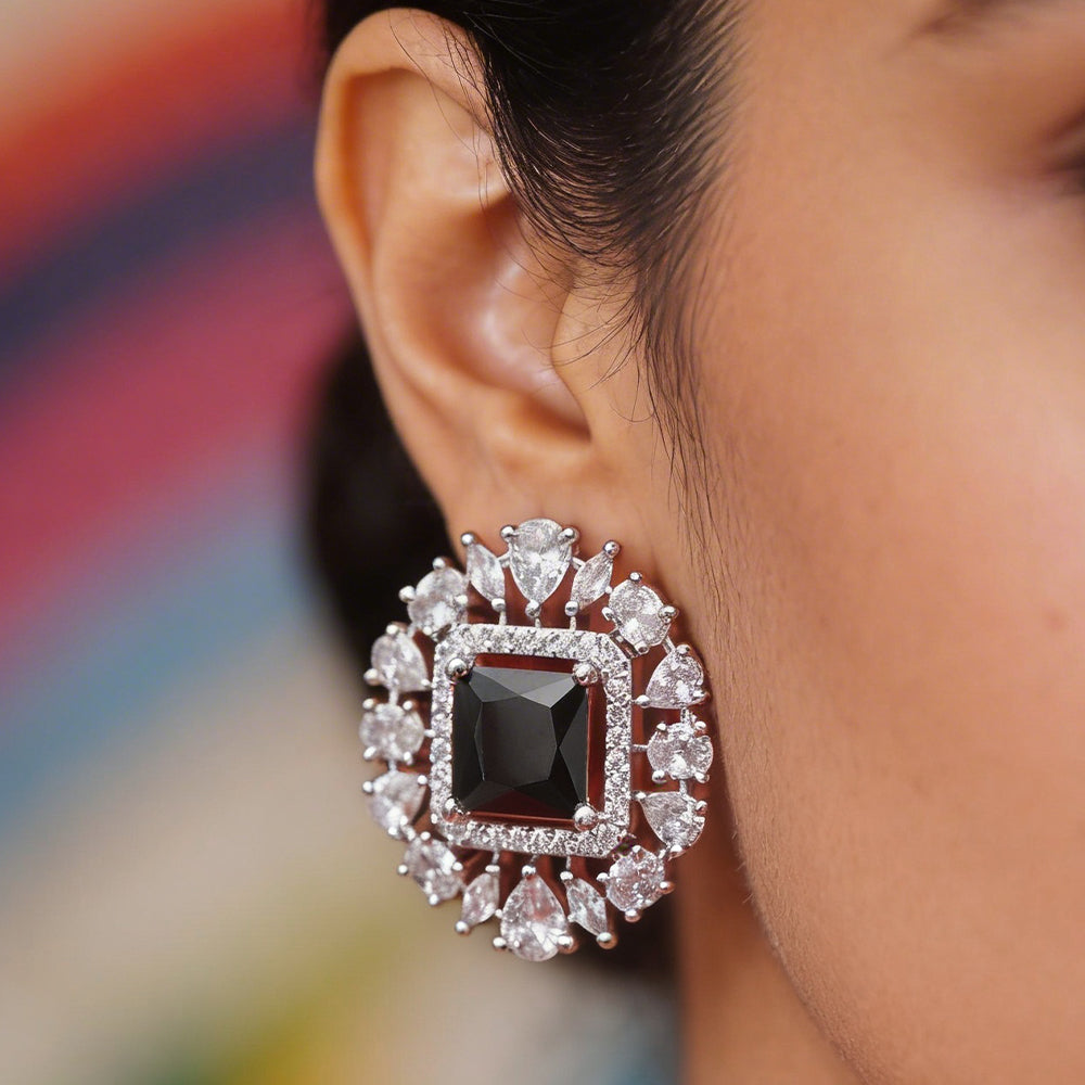 Rose Gold Square Halo Stud Earrings - Black Square