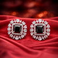 Rose Gold Square Halo Stud Earrings - Black Square