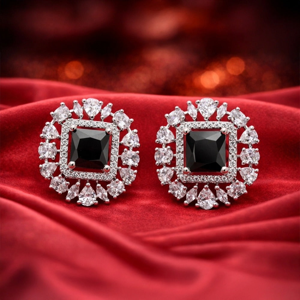 Rose Gold Square Halo Stud Earrings - Black Square
