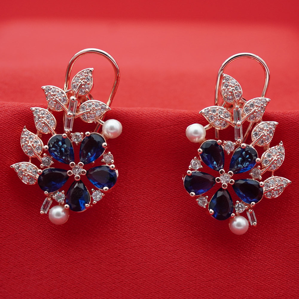 Blue Floral Crystal - Leaf Drop Earrings
