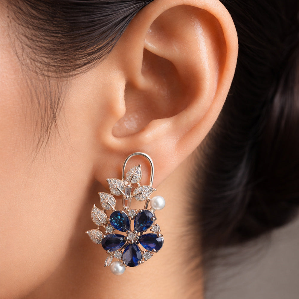 Blue Floral Crystal - Leaf Drop Earrings
