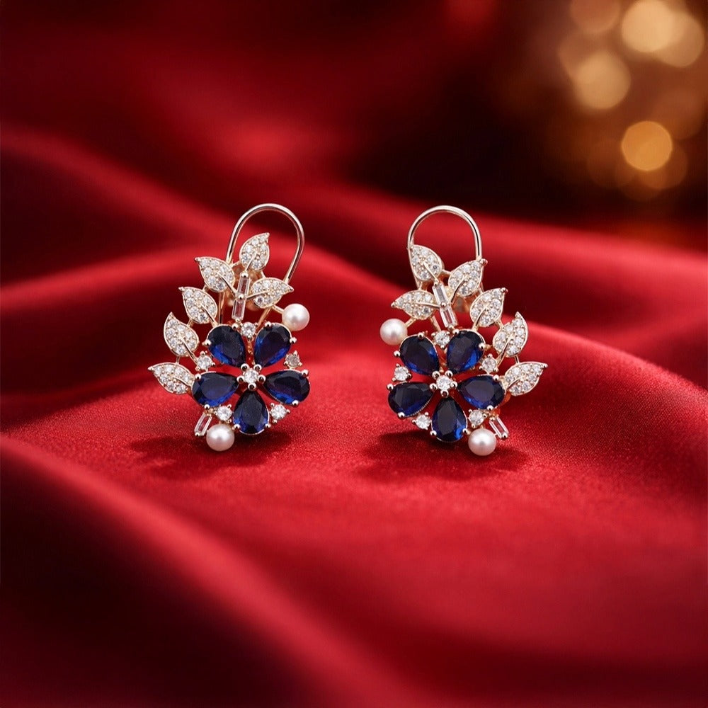 Blue Floral Crystal - Leaf Drop Earrings