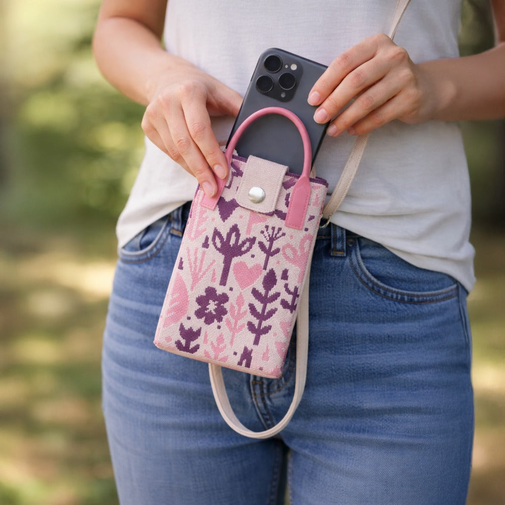 compact phone sling bag blush pink floral pattern