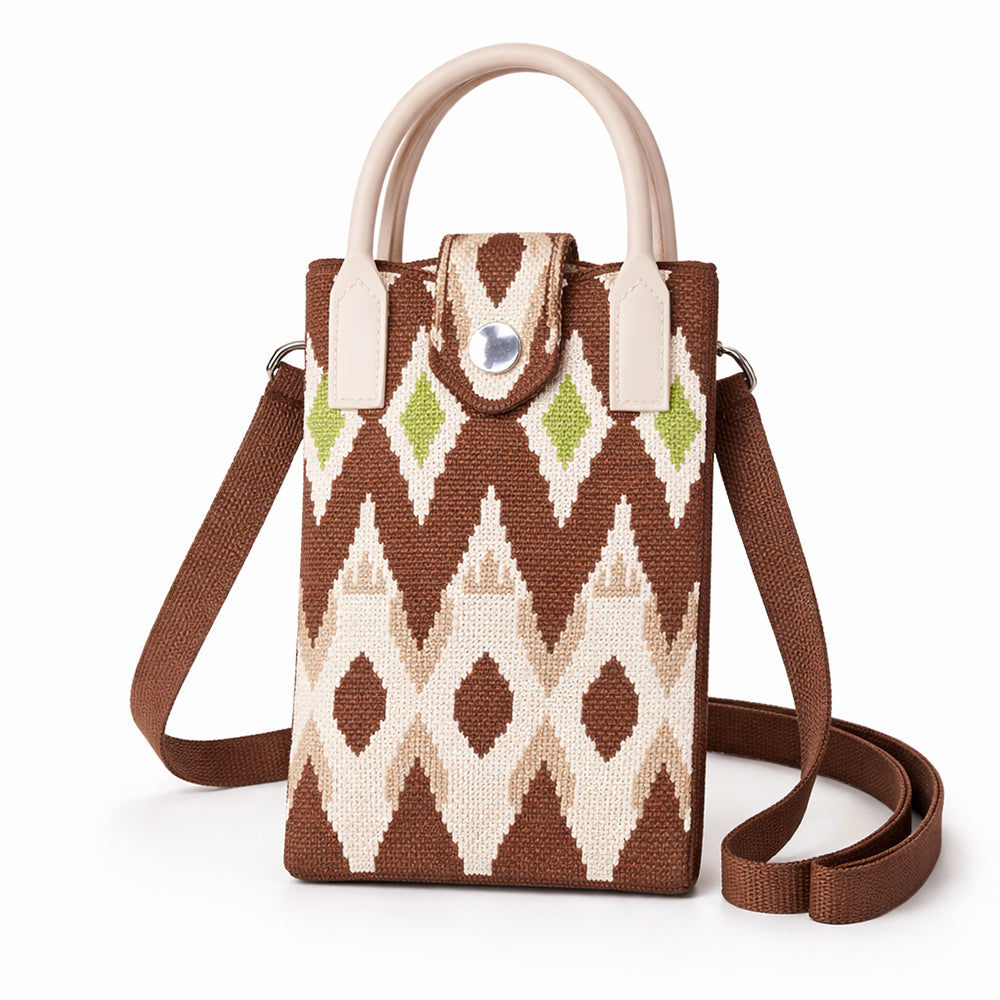 compact phone sling bag brown beige ikat pattern