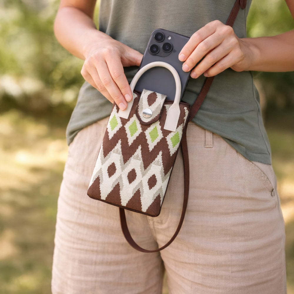 compact phone sling bag brown beige ikat pattern