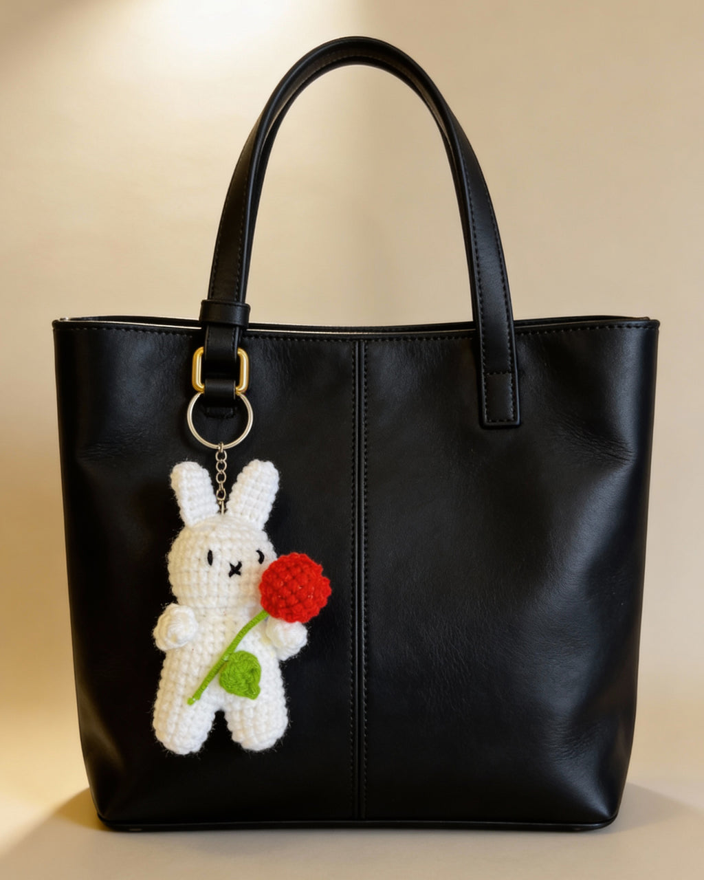 Handmade Crochet Bunny Keychain with Red Flower – Cute Amigurumi Charm